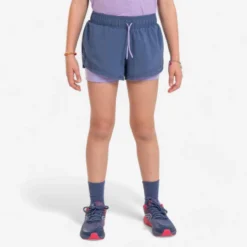 Ademende Hardloopshort En Korte Tight 2-in-1 Meisjes DRY+ Jeansblauw En Zachtpaars