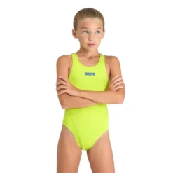 Arena Girl's Team Swim Tech Swimsuit - Soft Green/Neon Blue
