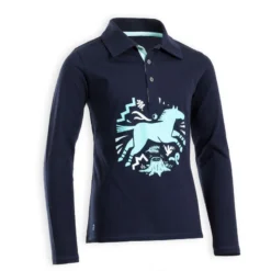 Kinderpolo Met Lange Mouwen Indian Pony Ruitersport -Mode Geest Verkoop poloshirt met lange mouwen voor paardrijden meisjes 100 donkerblauw en turquoise 4
